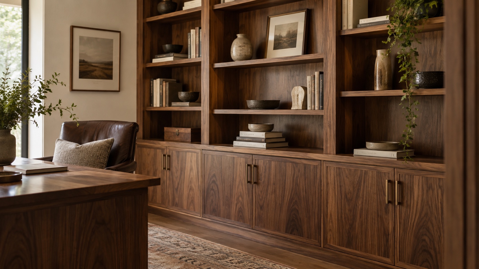 Warm walnut built-in shelves and cabinetry in a home office