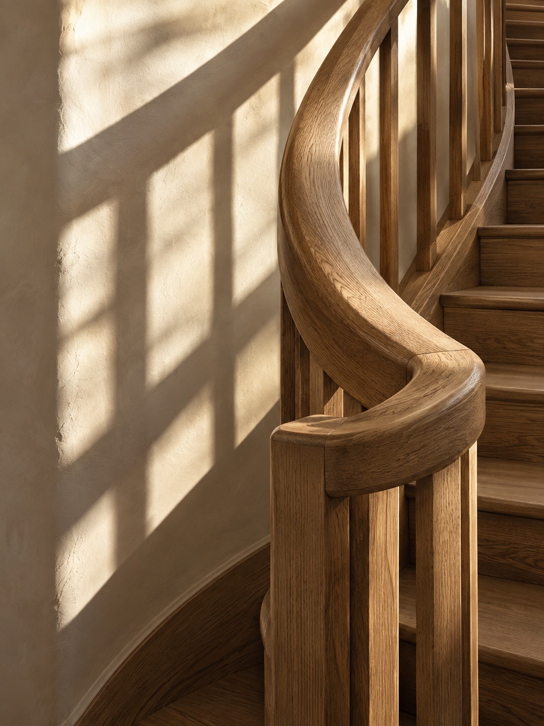 Sculpted oak stair railing with directional sunlight