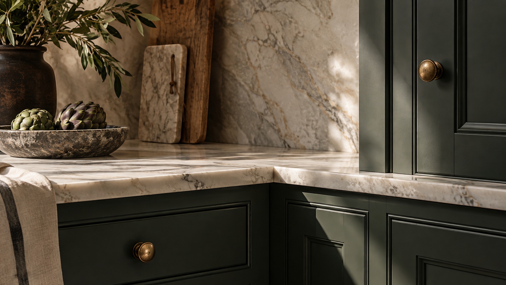 A considered kitchen detail with brass and natural stone